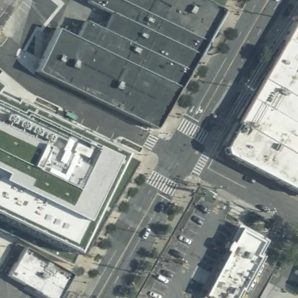 Aerial photo of 3900 block of Minnesota Ave NE (southwestbound), north at the top, with the camera's spot marked