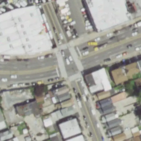 Aerial photo of Atlantic Ave & 130th St, north at the top, with the camera's spot marked
