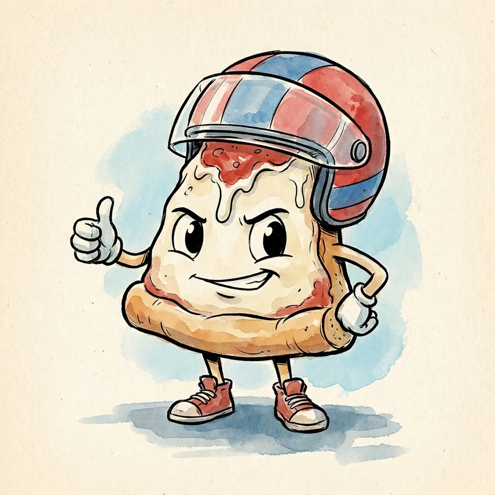 Illustration: Deep Dish Dee, a slice of deep-dish pizza wearing a racing helmet, giving a thumbs up.