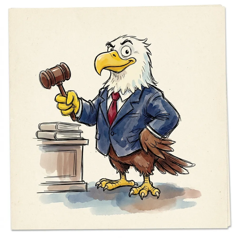 Illustration: Senator Swoop, a bald eagle in a blue suit and red tie, holding a wooden gavel.