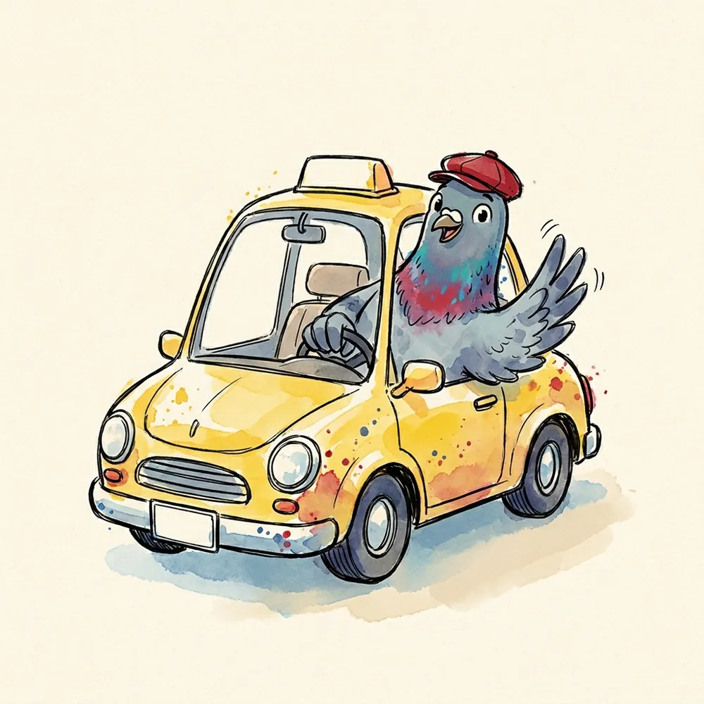 Illustration: Pidge, a cheerful pigeon in a flat cap, driving a little yellow taxi cab.